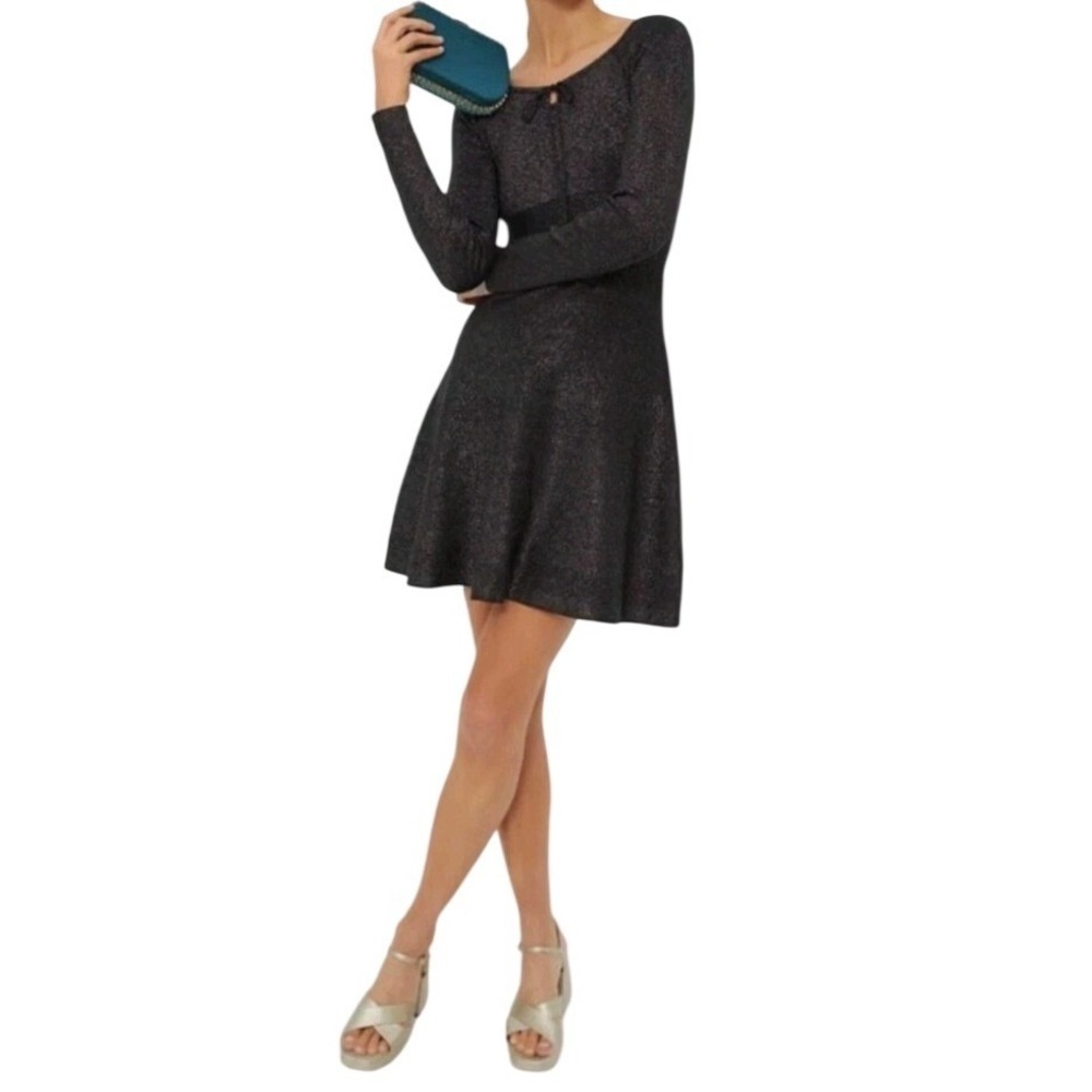 NWT Hyacinth House Selena Knit Dress L Black Multi Shimmer Keyhole Fit Flare